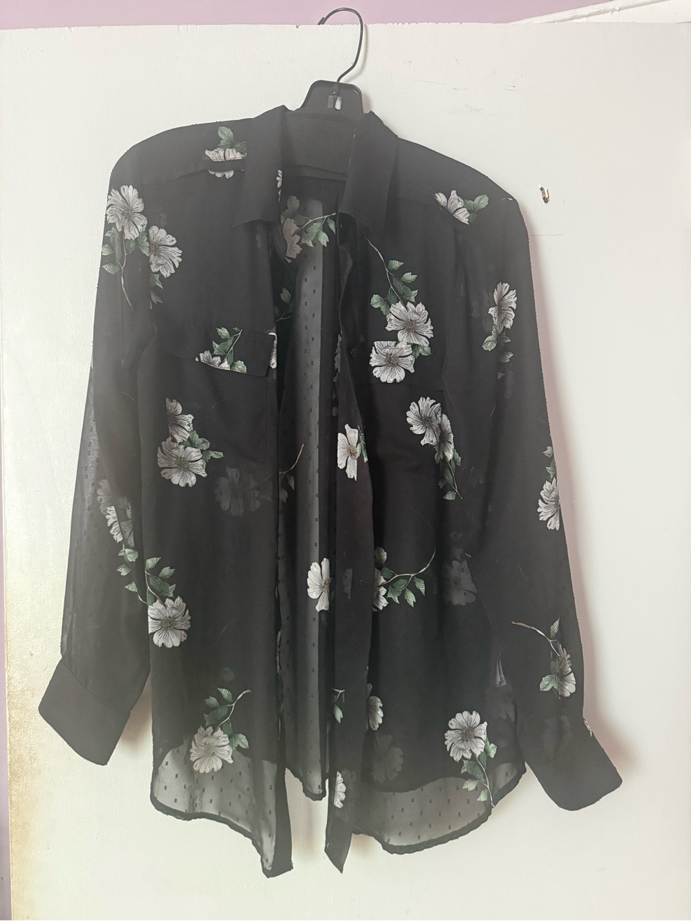Banana Republic Black Sheer Floral Tie-Neck Blouse with White and Green Flowers